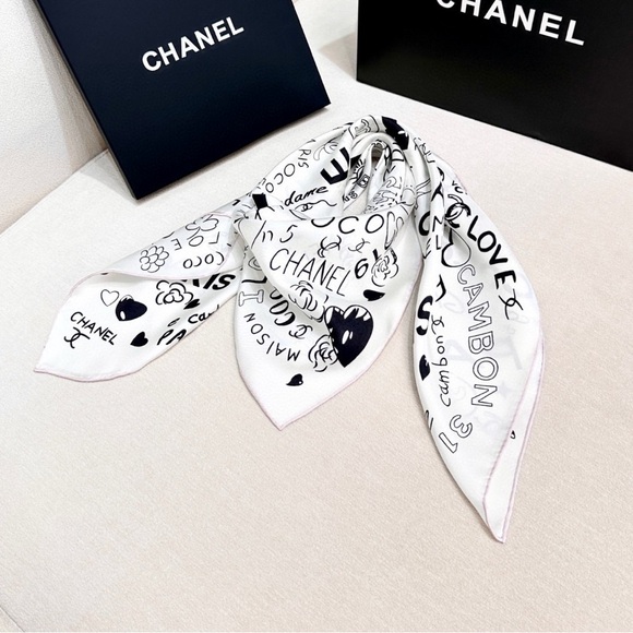 Meet the Posher Accessories - Chanel black and white patterned silk scarf